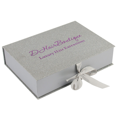 Foil Logo Silver Glitter Paper Custom Wig Packaging Boxes Luxury With Ribbon Closure